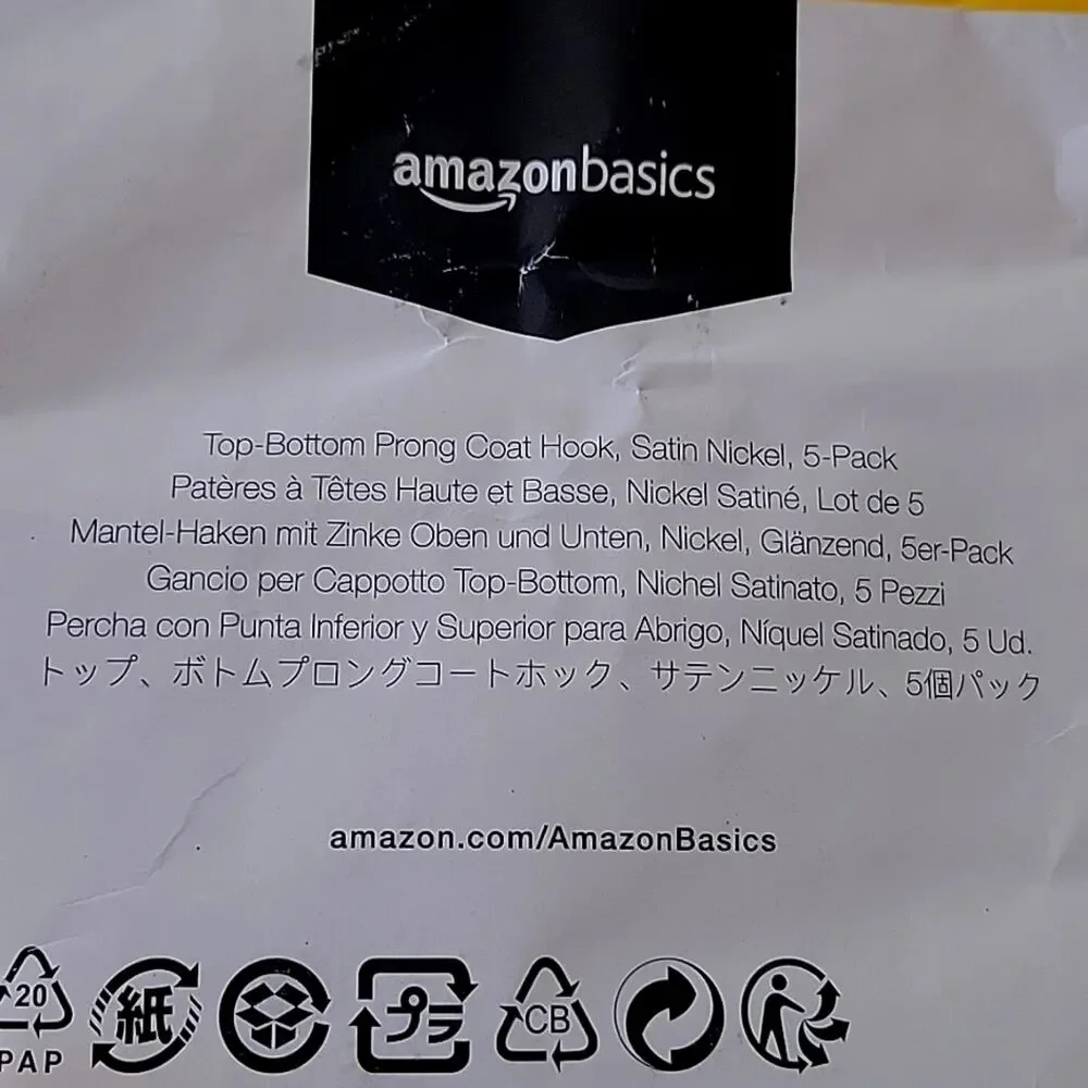 Amazon Basics Top-Bottom Prong Coat Hook Satin Nickel 5-Pack NIB